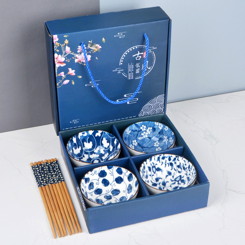 Japanese Blue and White Porcelain Ceramic Tableware Bowl Chopsticks Set Bowl Set Gift Box Creative Opening Activity Gift Business Gift