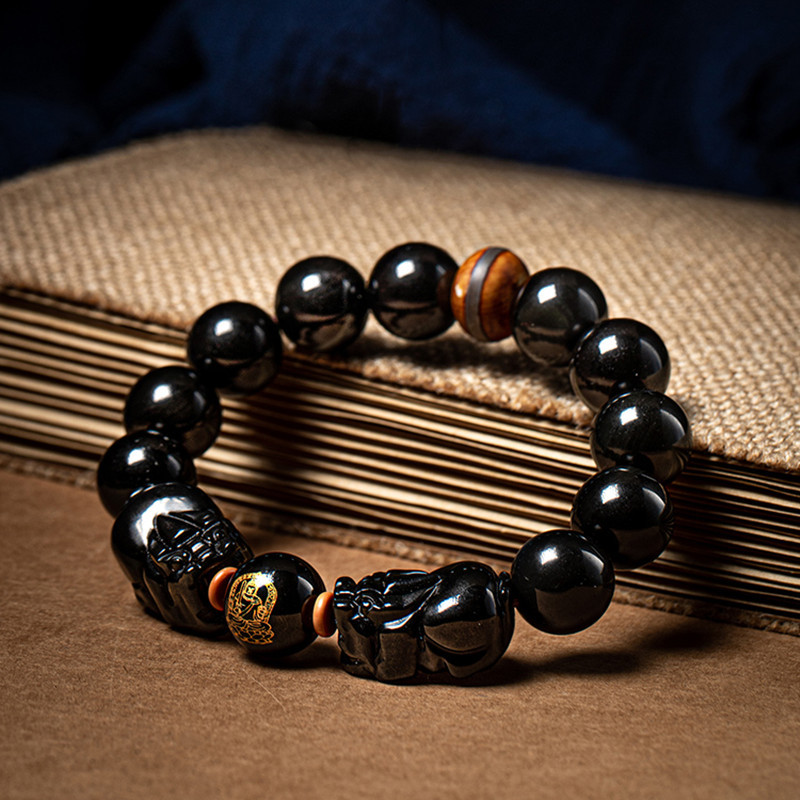 黑曜石手串单圈14mm 搭配双貔貅男士手链本命佛生肖守护神佛珠