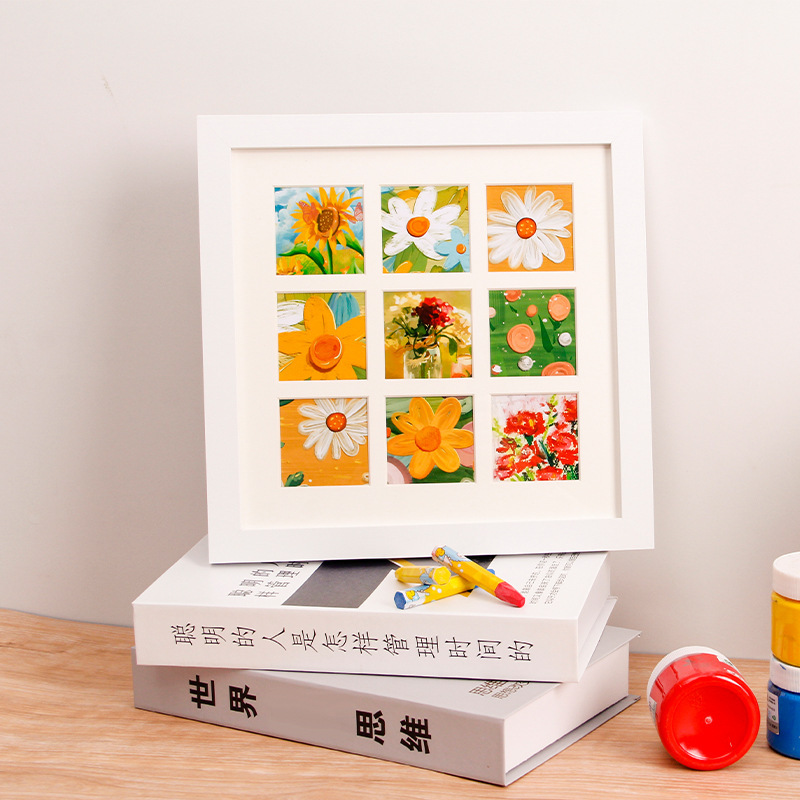 Jiugongge Four-Grid Crayon Photo Frame Square Imitation Solid Wood Photo Frame Creative Oil Painting Diy Photo Frame