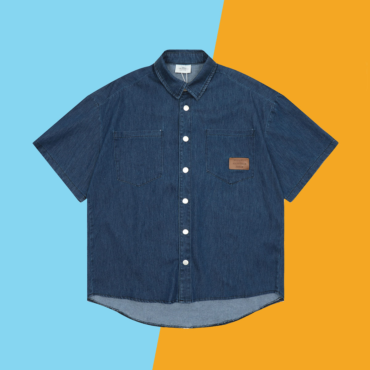 港风牛仔短袖衬衫宽松翻领潮牌贴标夏季衬衣男short-sleeve shirt