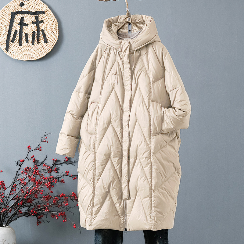 韩版新款文艺复古羽绒服女中长款2024年冬季连帽大码宽松抽绳外套