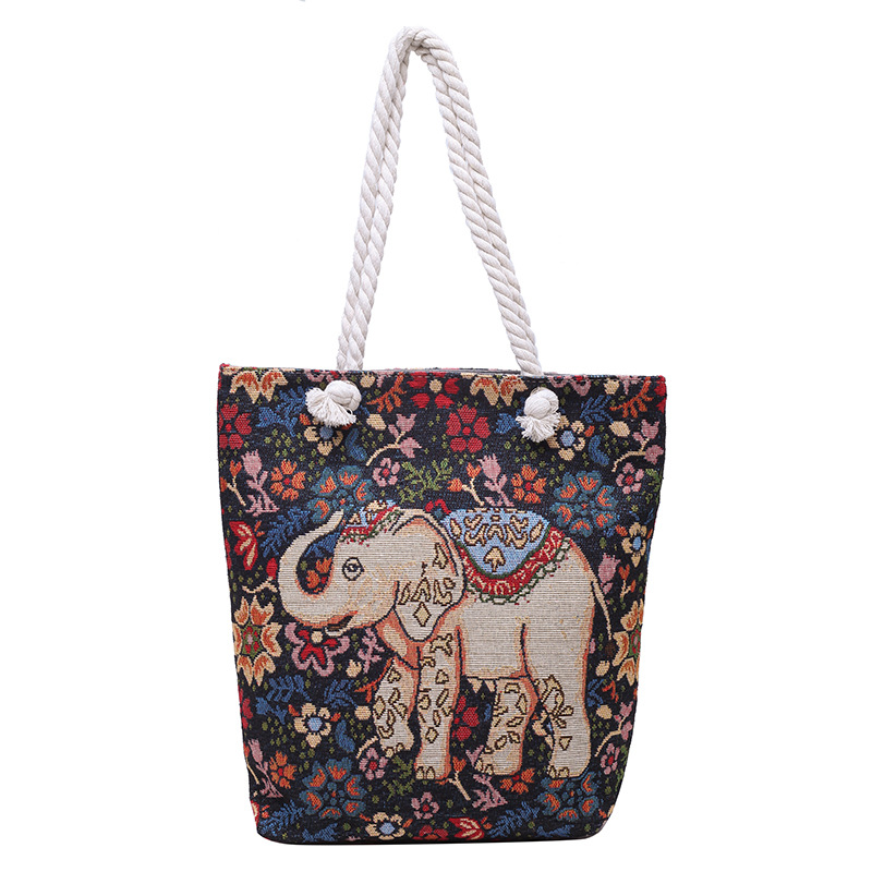 Medium Double-Sided Ethnic Style Embroidered Elephant Cloth Bag Tourist Attractions Shoulder Bag Street Fashion Linen Casual Bag