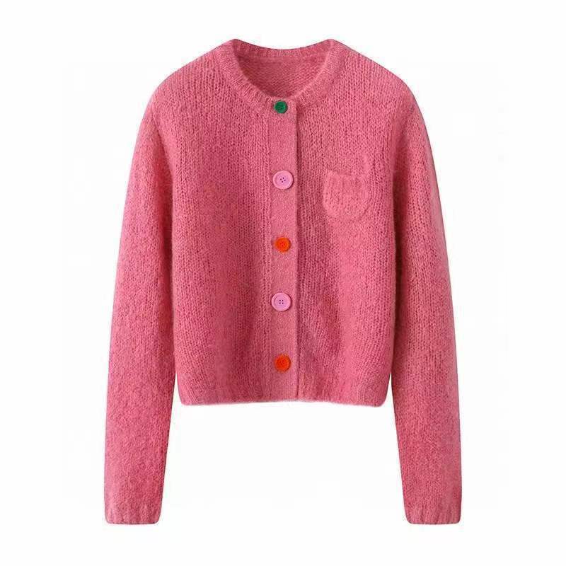 玫红色针织开衫女早春新款仿浣熊绒温柔风毛衣外套梅红外搭上衣
