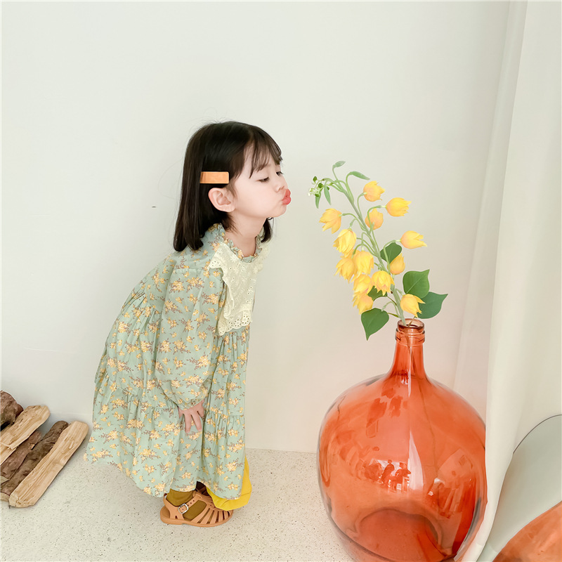 田园风~韩国童装女童春秋森系碎花方领蕾丝长袖连衣裙