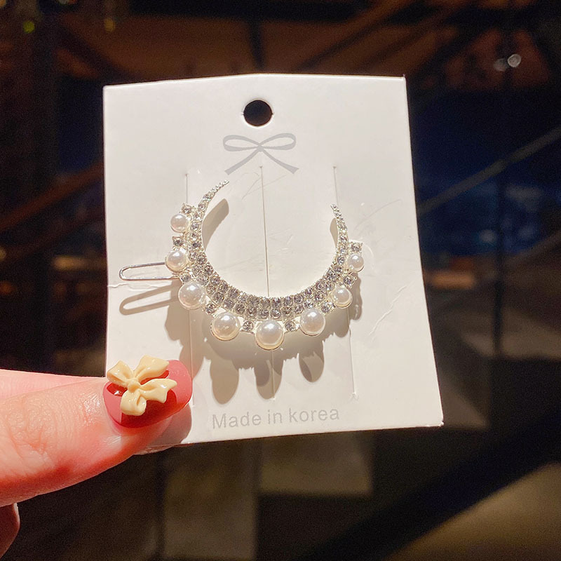 时尚珍珠镶钻月亮发夹女 甜美系金属边夹刘海满钻合金夹网红头饰