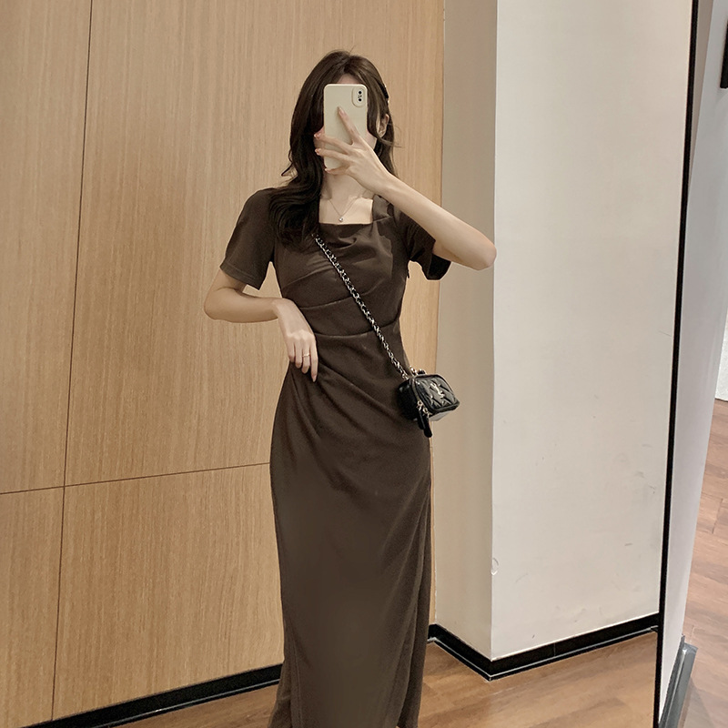 实拍现货方领短袖t恤连衣裙夏季2024新款港味复古风chic开叉长裙