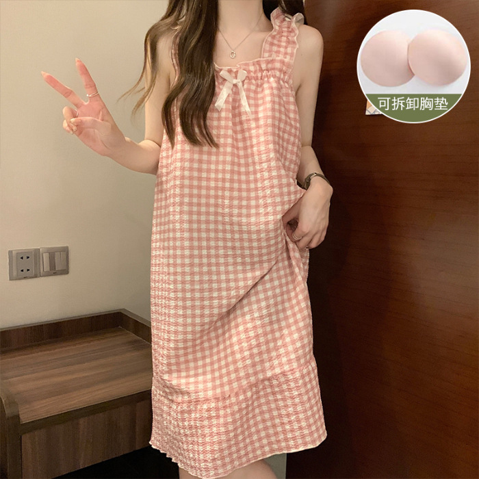 Summer with Chest Pad Removable Slip Nightdress Thin Sweet Fairy Wind Woven Bubble Cotton Can Be Outerwear Homewear