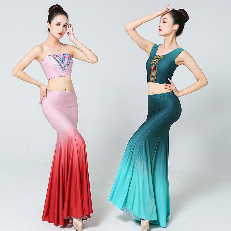 傣族舞蹈艺考服装女民族孔雀舞渐变色鱼尾半身大摆长裙练功表演服