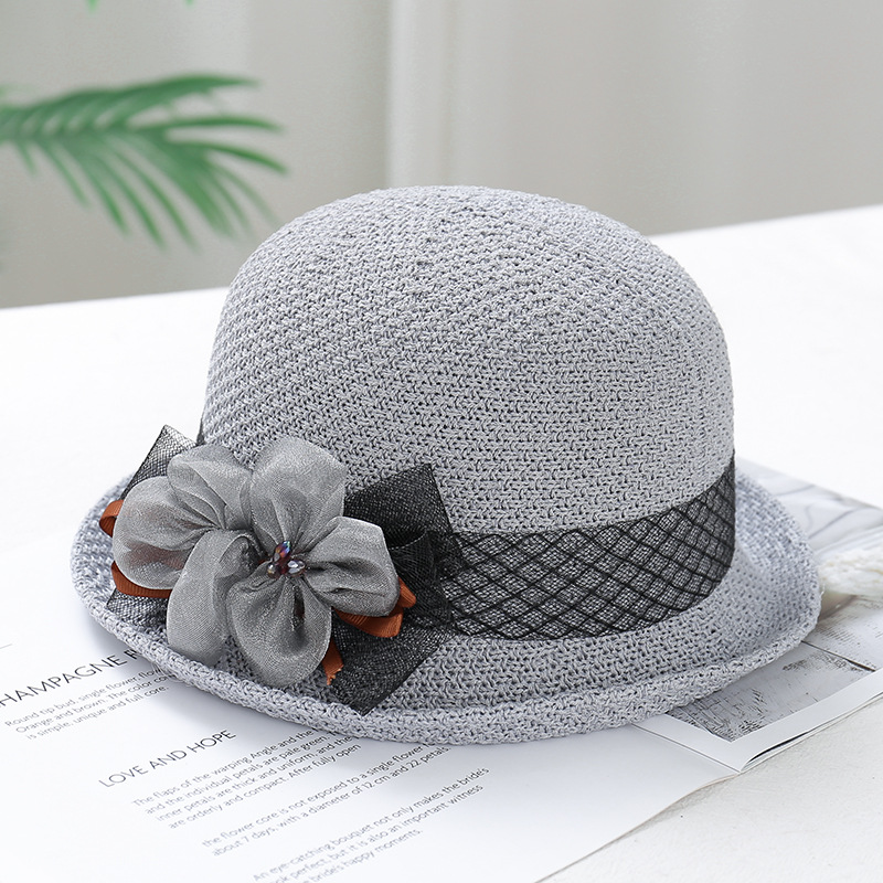 2023 Summer New Style Flanging Small round Hat Korean Style Casual Beach Sun Hat Temperament Straw Hat Ribbon Flower Bowler Hat