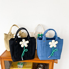 帆布包包女日系文艺复古百搭休闲纯色花朵学生大容量手拎包便当包