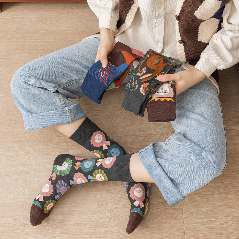 Boxed Socks for Women, French Light Luxury Minority Tube Socks Xinjiang Long-Staple Cotton Artistic Oil Painting Style, Stylish Socks