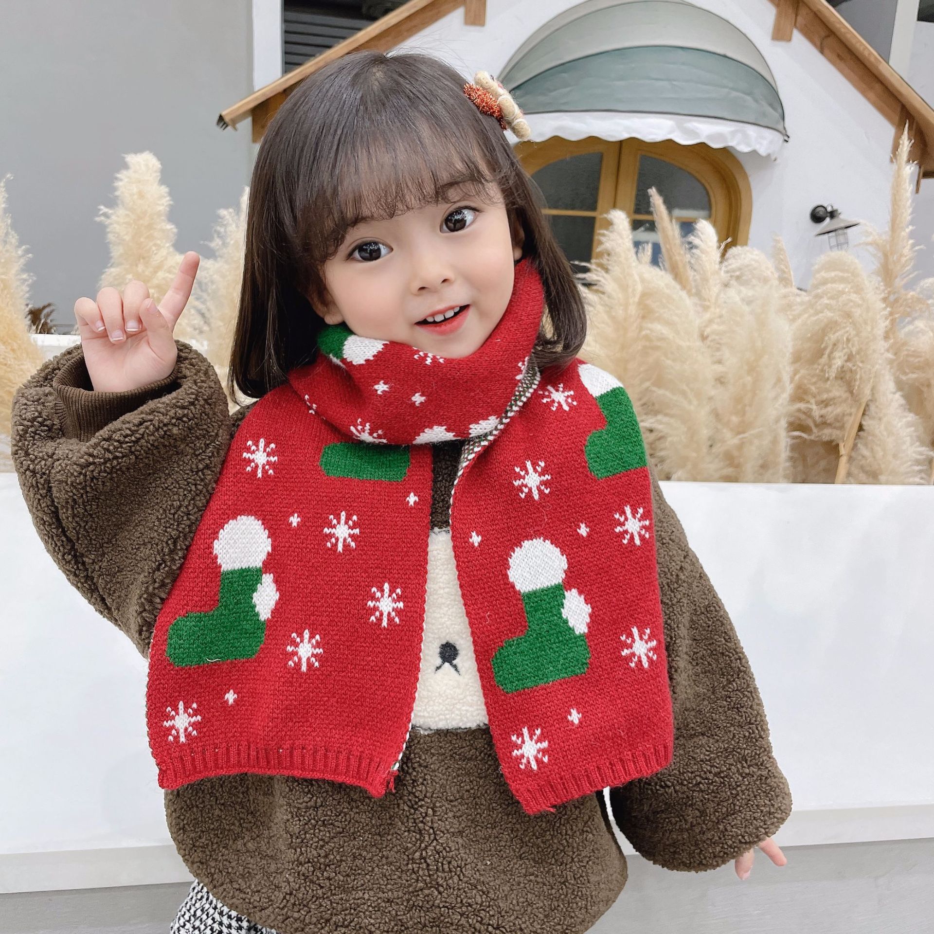 圣诞儿童围巾冬季双面双色麋鹿圣诞树印花毛线针织菱形花边保暖新