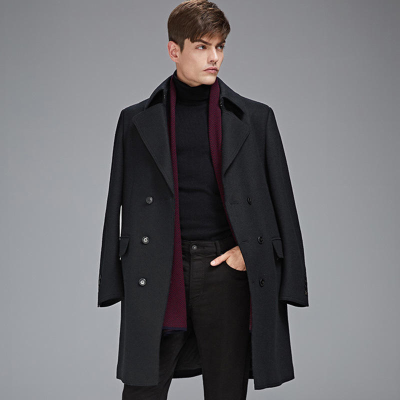 海宁毛呢大衣男中长款韩版潮流休闲秋冬季羊毛双排扣男士风衣外套
