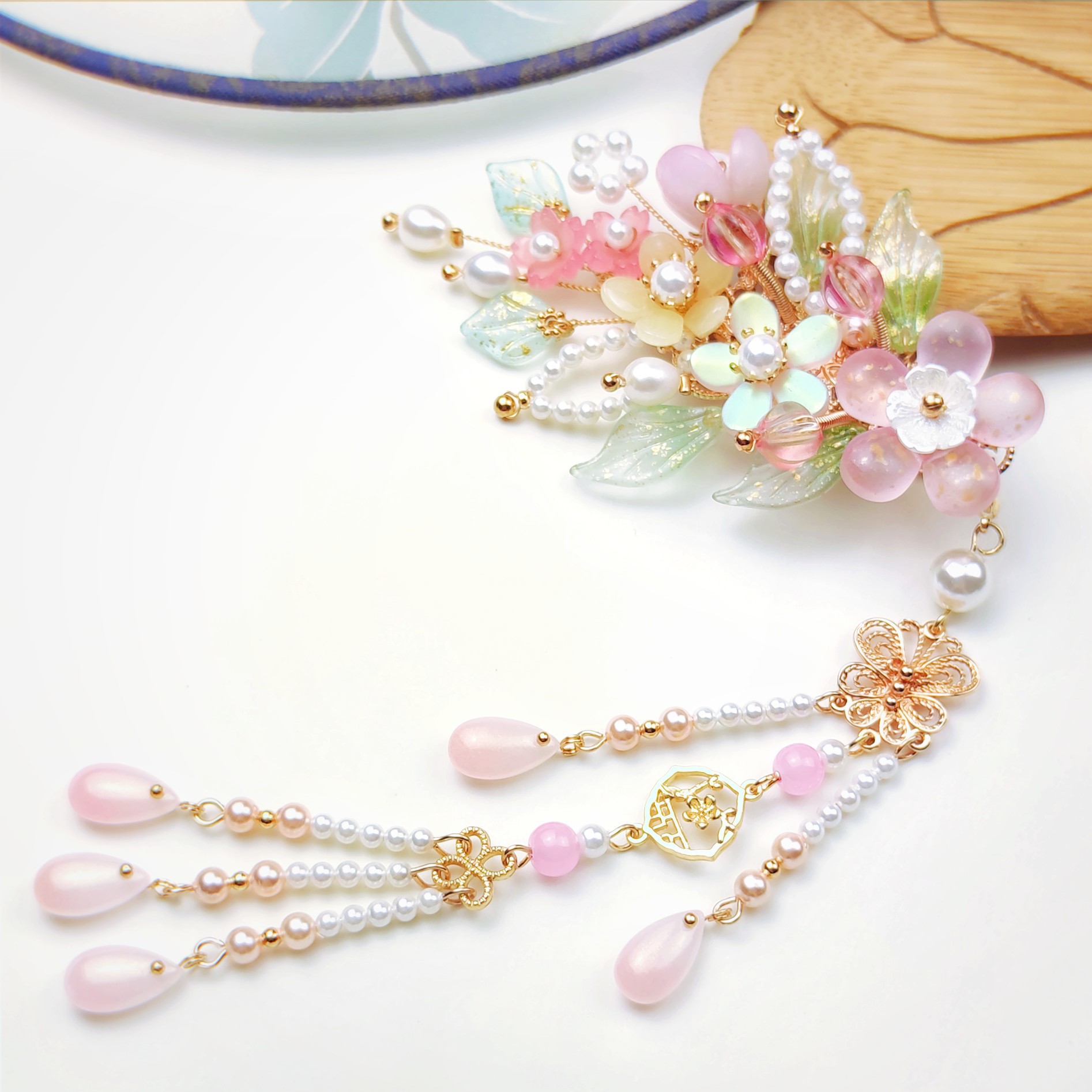 新品上架手工制作汉服头饰古装发饰古风发夹流苏粉色花团锦簇