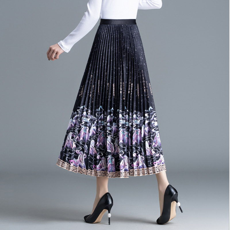 High Waist Horse-Face Skirt Fashionable Elegant Women's Clothing Printed Dress Elastic Waist Pleated Skirt Long Spring A- line Skirt