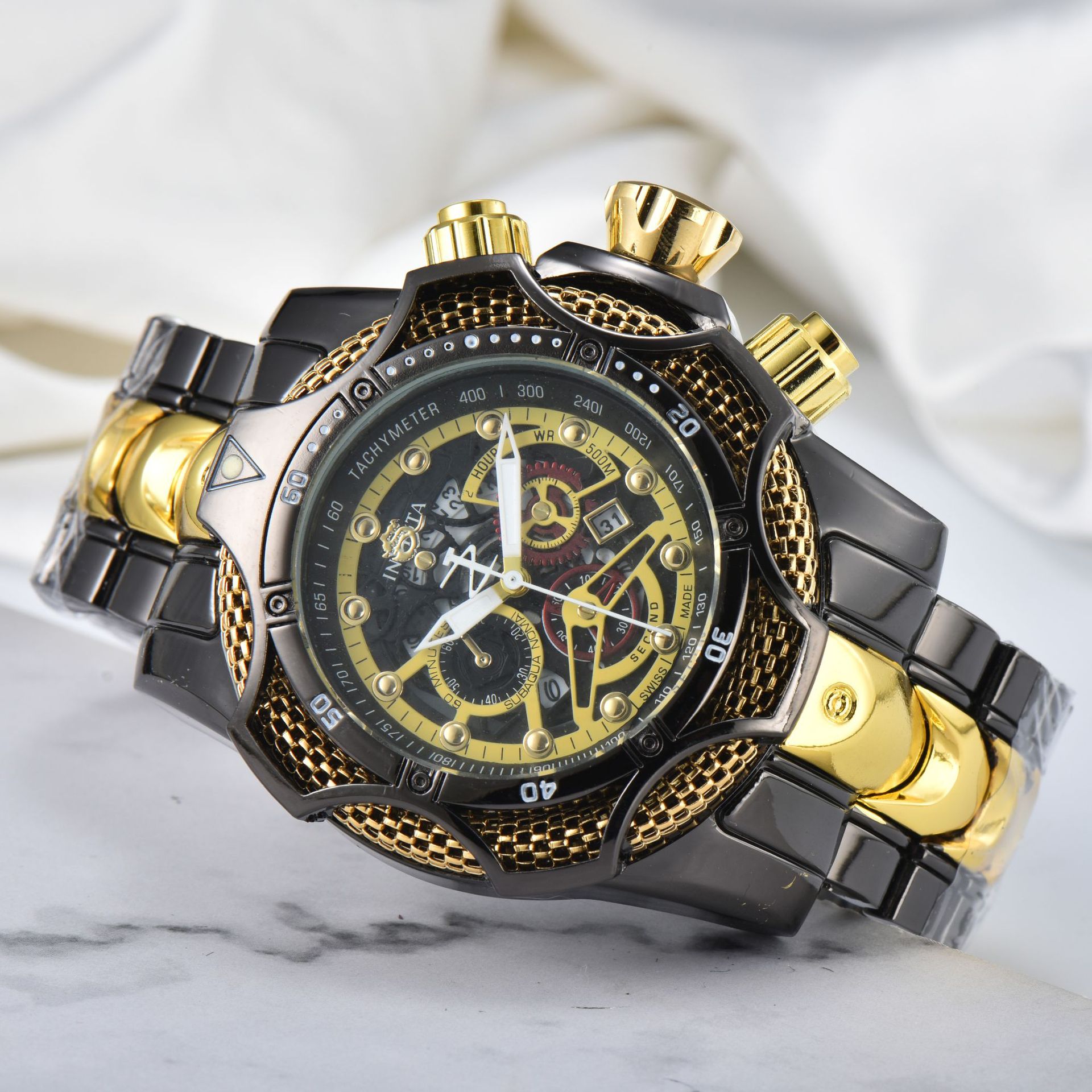 新跨境手表外贸镂空齿轮英弗男表invic大表盘钢带运动腕表非机械