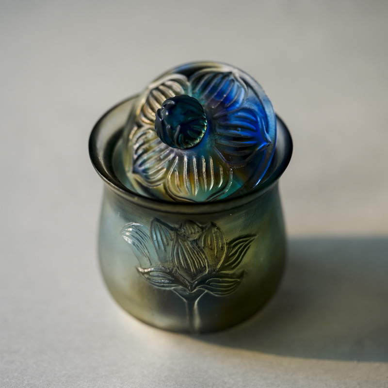 七彩琉璃供杯佛杯琉璃莲花杯圣水杯观音水杯佛堂供具用品贡台摆件