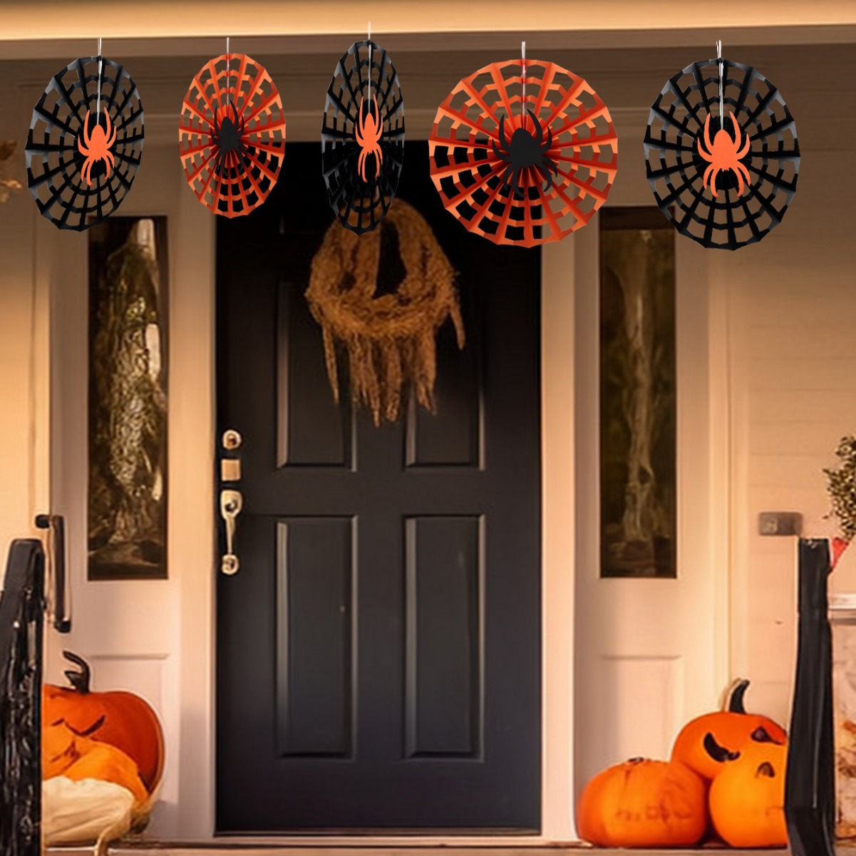 跨境热销万圣节派对橙色黑色纸质蜘蛛网花扇折叠挂件套装场景布置
