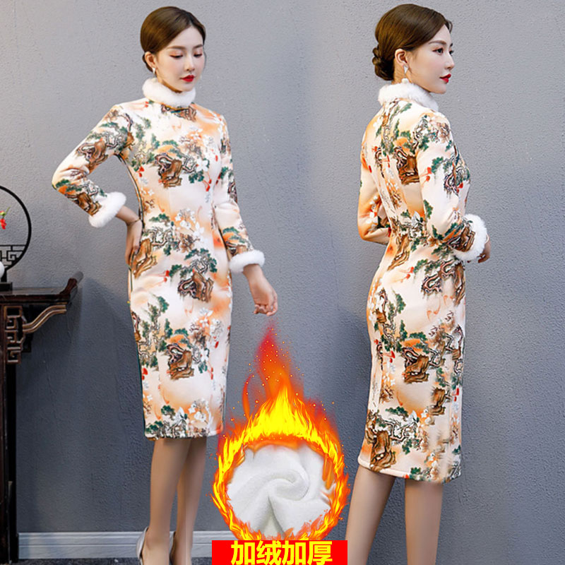 2023秋冬新款修身改良长袖旗袍夹棉保暖古典中长款旗袍裙子连衣裙