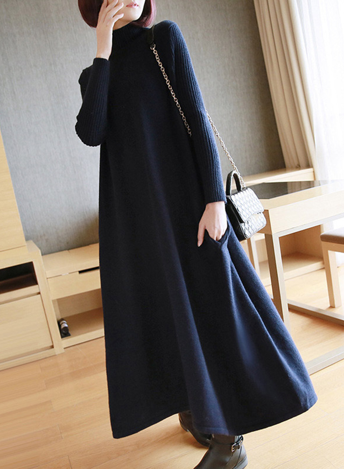 跨境针织连衣裙秋冬女装打底毛衣裙子纯色大码中长款韩版宽松外贸