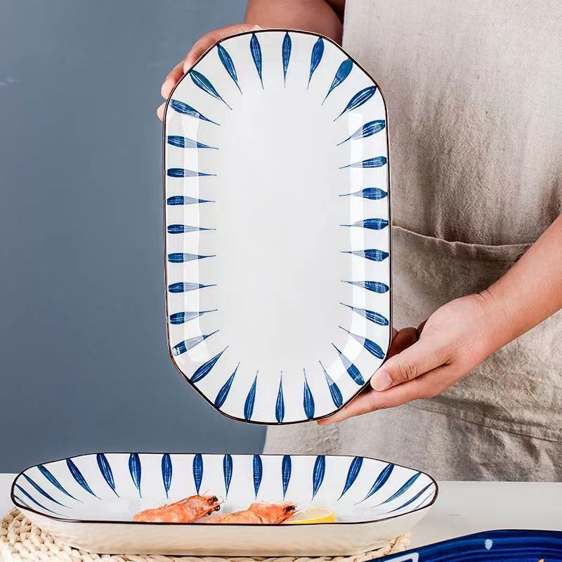 鱼盘家用陶瓷长盘高颜值网红蒸鱼盘子长方形菜盘红烧鱼盘子