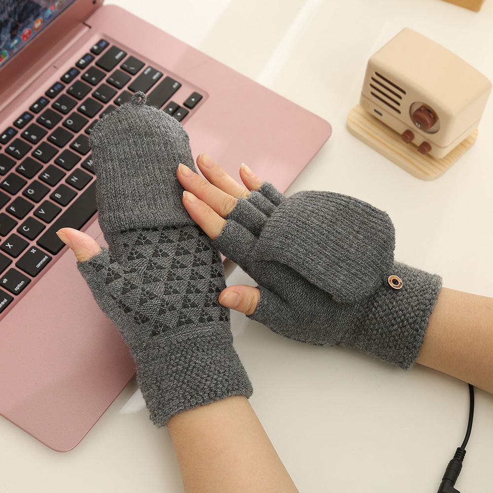 新款usb加热手套两面电热翻盖点胶防滑手套保暖半指手套厂家批发