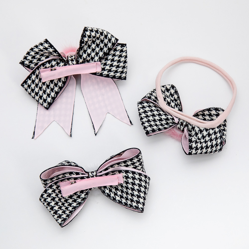 Korean Style Houndstooth Bowknot Children Barrettes Double Layer Fabric Girls' Hair Band Baby Plaid Headband Vintage Hair Accessories
