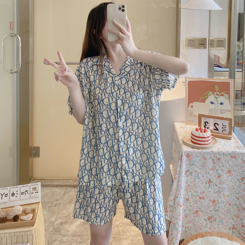 2023 Summer Pajamas Women's Flower and Grass Short-Sleeved Shorts Cardigan Korean Style Sweet Foreign Single Hot Selling Home Wear Double Short Suit