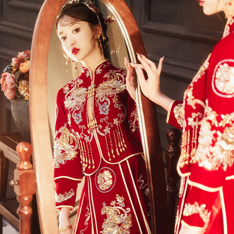 丝绒秀禾服2023新款新娘新郎套装结婚小个子敬酒服龙凤褂中式婚服