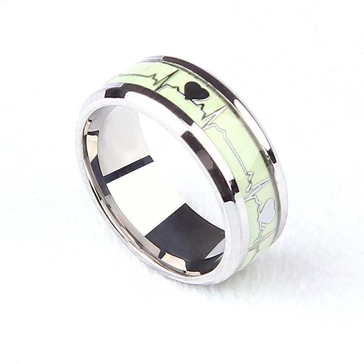 Luminous Titanium Steel Ring European and American ECG Luminous Fluorescent Ornament Stainless Steel Ring Heartbeat Couple Love Ring