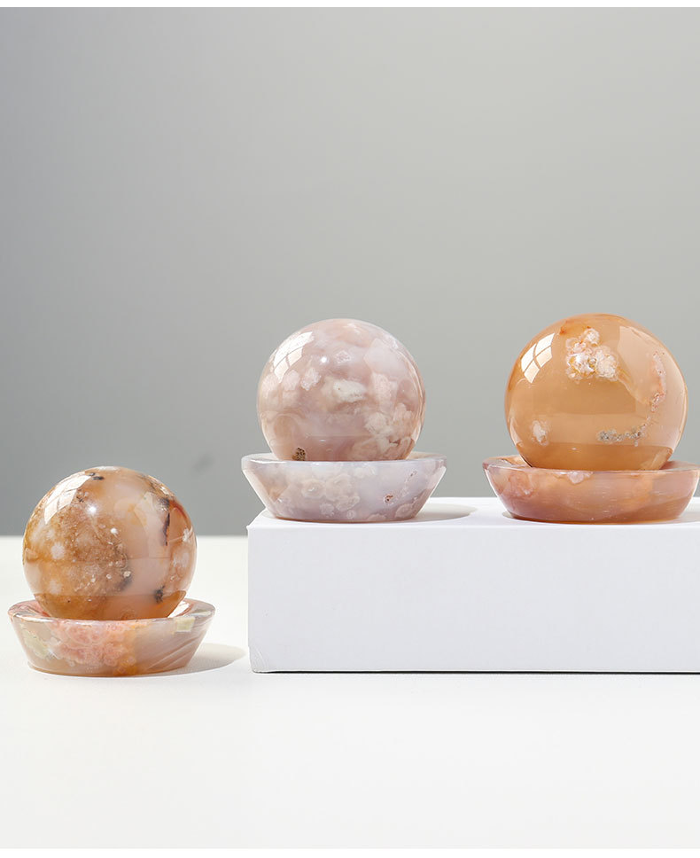 跨境直播专供樱花玛瑙球碗套装摆件水晶原石矿石标本桌面装饰品