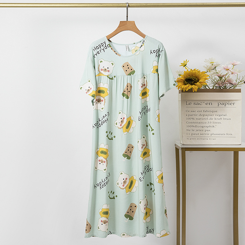 Artificial Cotton Nightdress Women's Summer Thin Large Size Cartoon Pajamas Artificial Cotton Long Dress Short Sleeve Outerwear Homewear