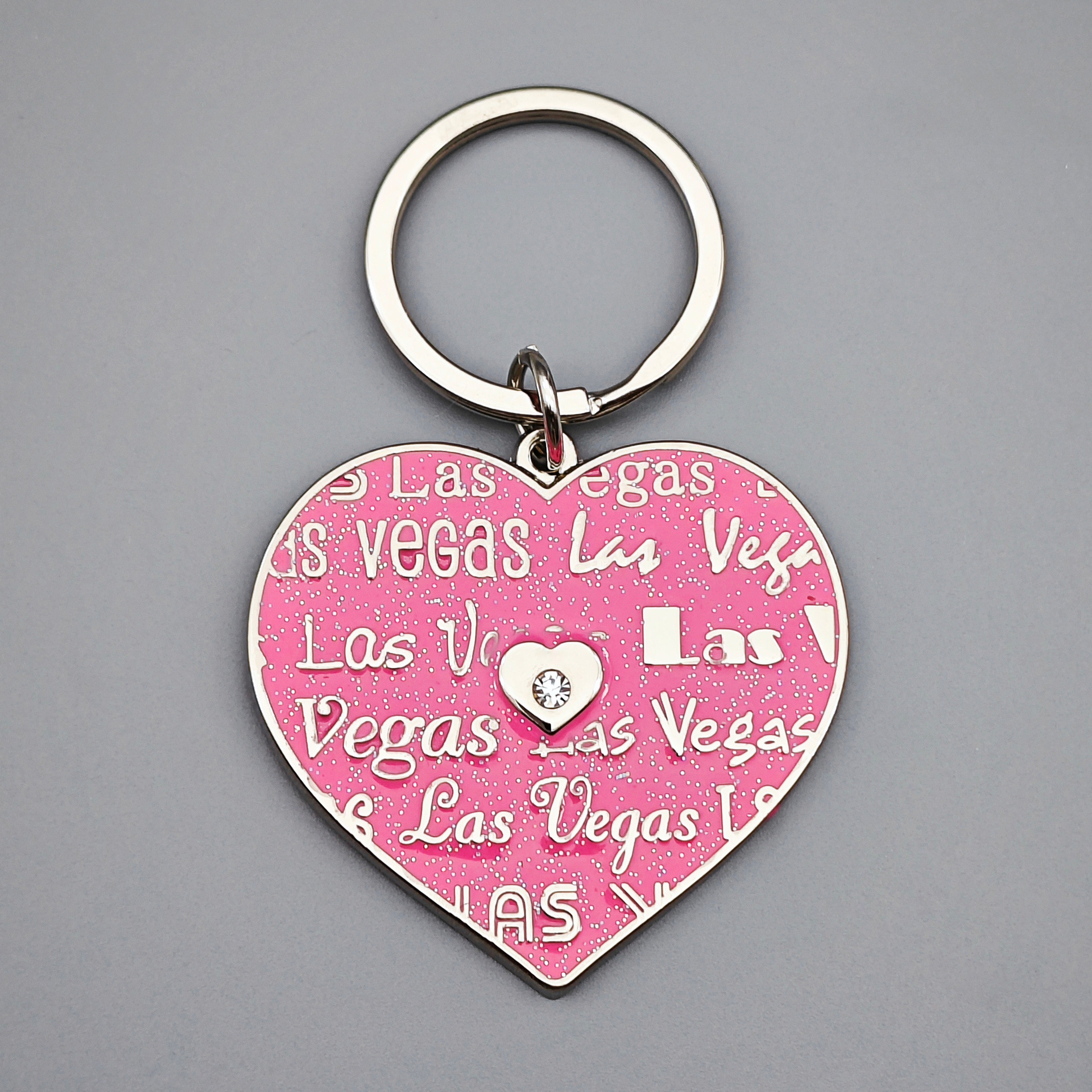 美国拉斯维加斯 旅游纪念品 金属心形钥匙扣 粉色闪粉 创意小礼品