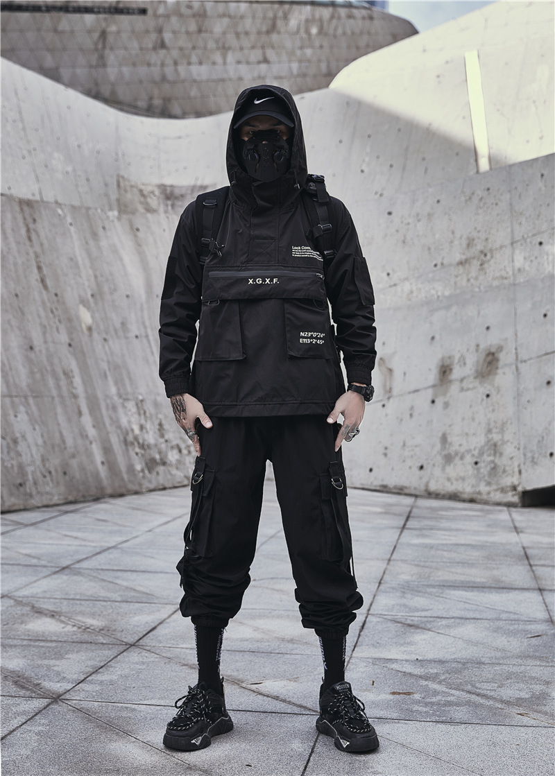 暗黑机能风冲锋衣潮牌多口袋重工工装连帽外套男青年机械夹克风衣