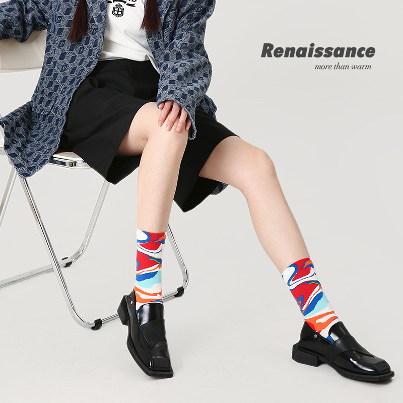 Renaissance European and American Style Spring and Summer New Women's Socks Abstract Creative Box-Packed Gift Socks Cotton Socks Mid-Calf Patterned Stockings