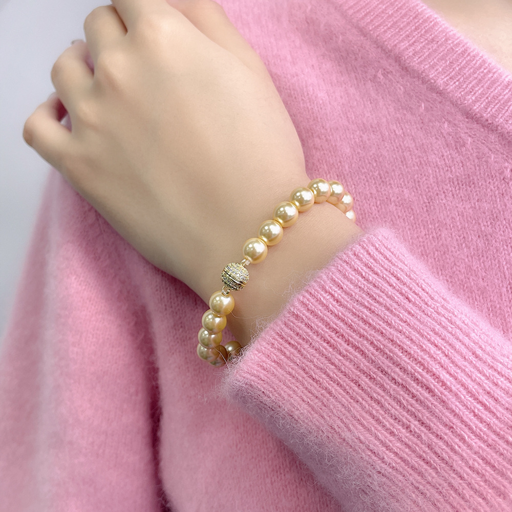 French Retro Perfect Circle Shijia Pearl Magnetic Bracelet Tahidi Strong Light Gray Gold White Beaded Bracelet