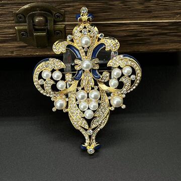 青岛中古vintage鸢尾花胸针欧美巴洛克珍珠古董珠宝镀金胸花首饰