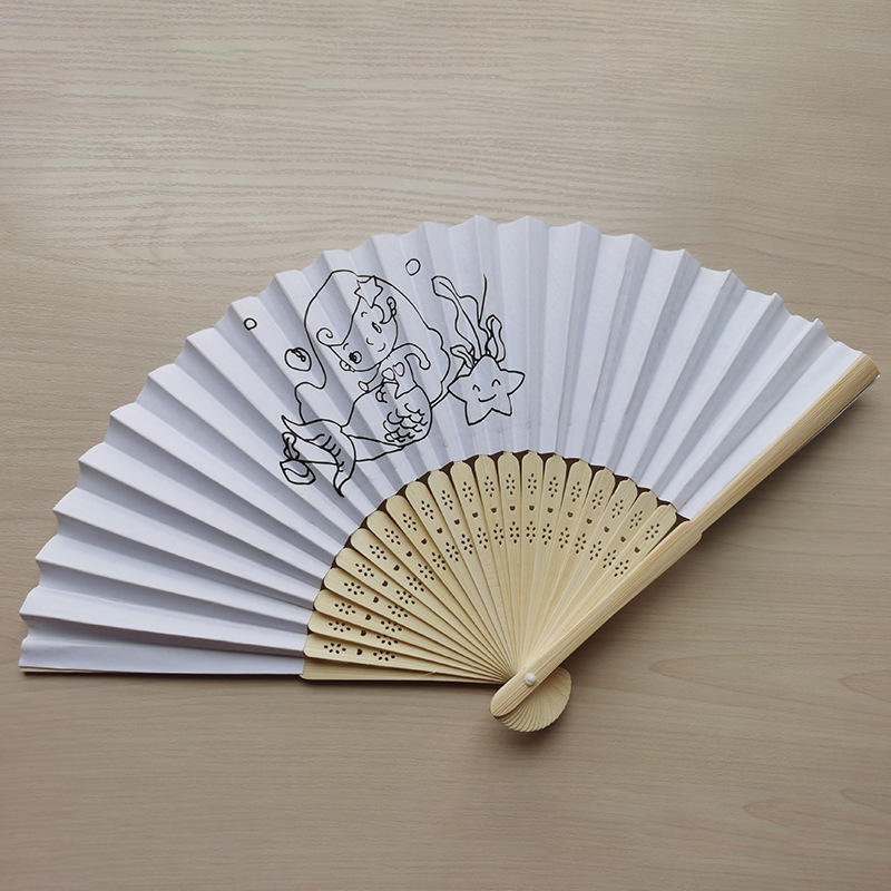 新品diy儿童填色绘画纸扇 手工涂鸦竹扇 卡通纸扇幼儿园涂色折扇