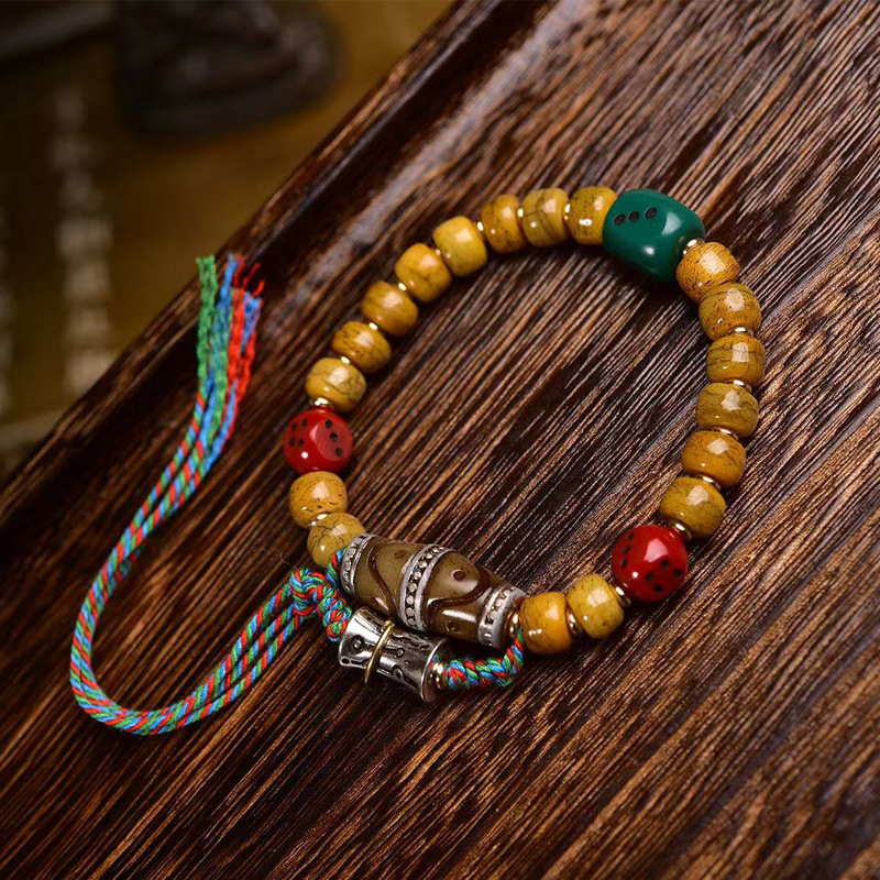 藏传骆驼骨文玩手串单圈回流骨银镶嵌天珠料器骰子配饰复古手链