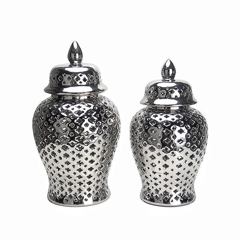 Light Luxury Metal Ceramic White Temple Jar Hollow Storage Jar Vase European-Style Crafts Decoration Golden Castle Vase