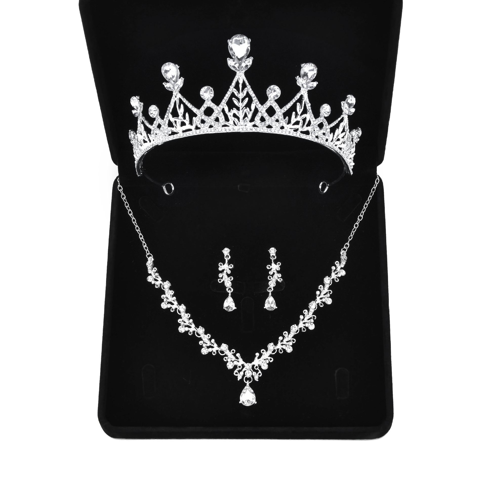 新款气质项链耳环头饰三件套镶钻水滴奢华新娘晚宴礼服配饰套装