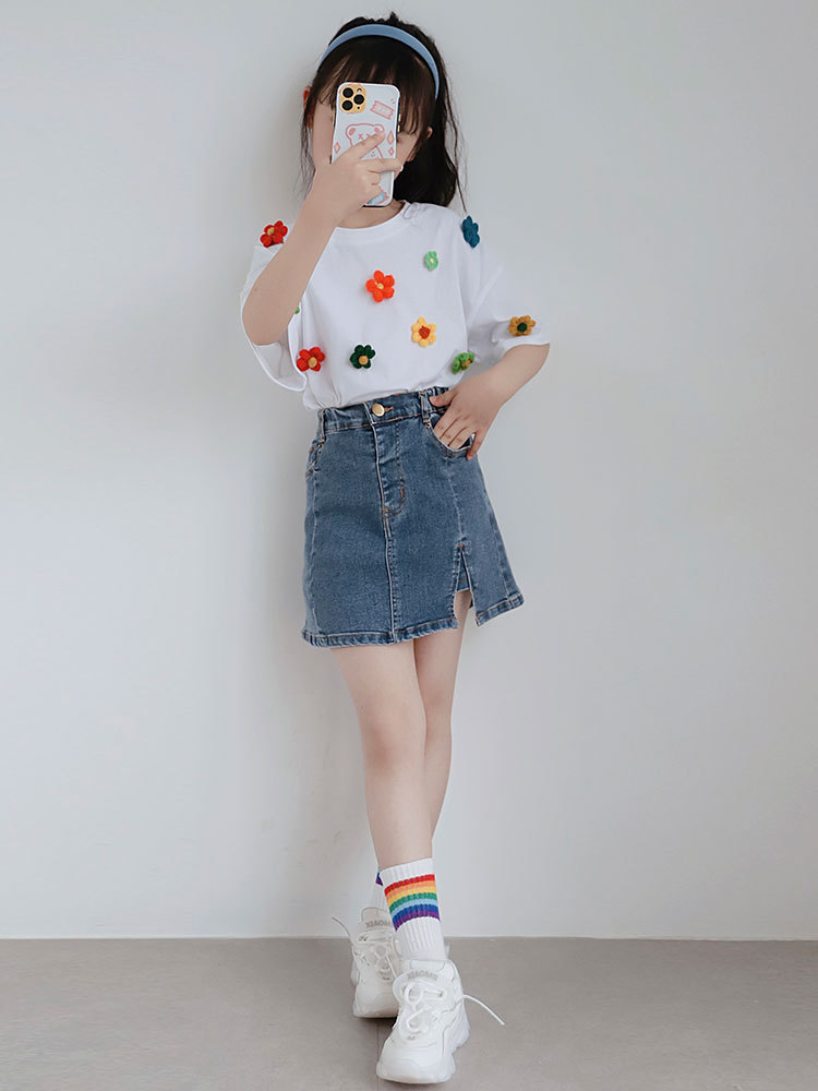 女童牛仔半身裙秋新款韩版儿童洋气高腰a字裙外穿时髦开叉短裙子
