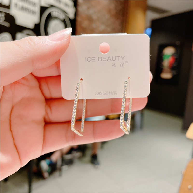 冰丽 冷淡风几何小众长方形框框耳环女银针耳饰满钻耳