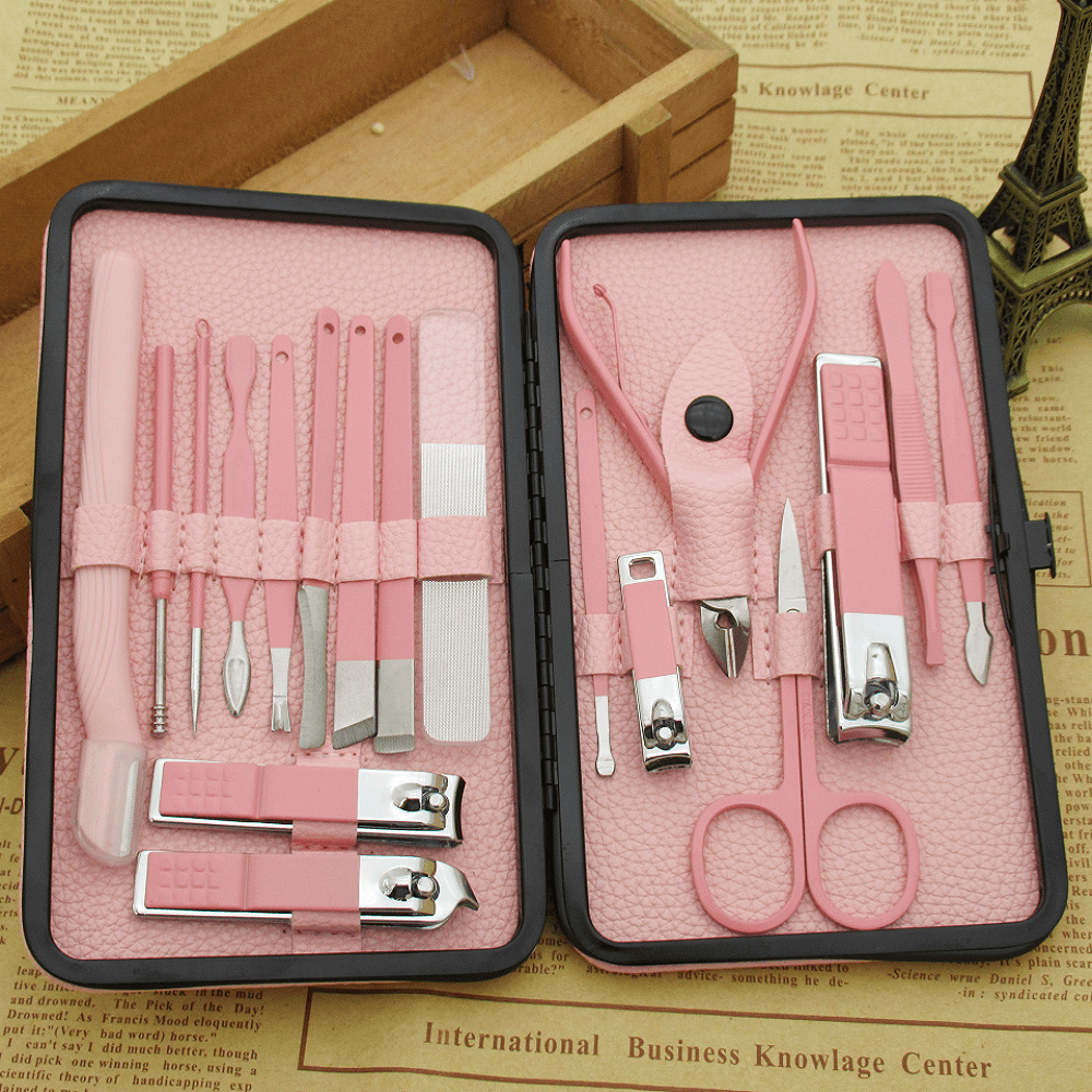 Manicure Set 18-Piece Cherry Blossom Powder Stainless Steel Nail Clippers Pruning Nail Beauty Tools Bent Nose Plier Pedicure Knife Scissors