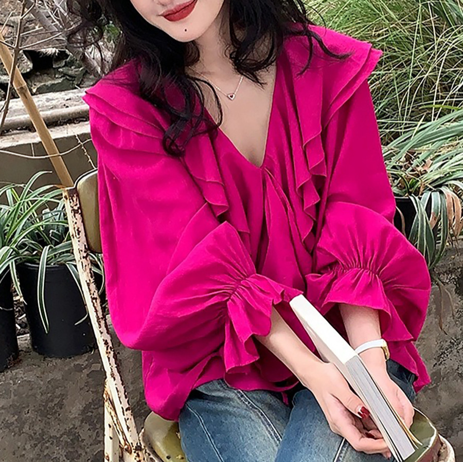 敲显白复古火龙果色荷叶边衬衫女时髦精白色早春长袖上衣-阿里巴巴