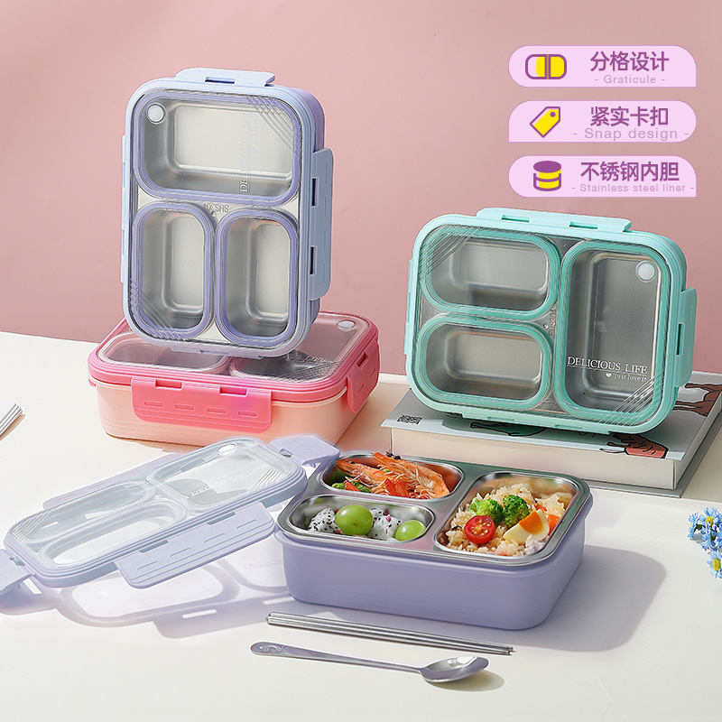 304 Stainless Steel Insulated Lunch Box Sealed Square Lunch Box Compartment Fast Food Plate Lunch Box Adult Student Canteen