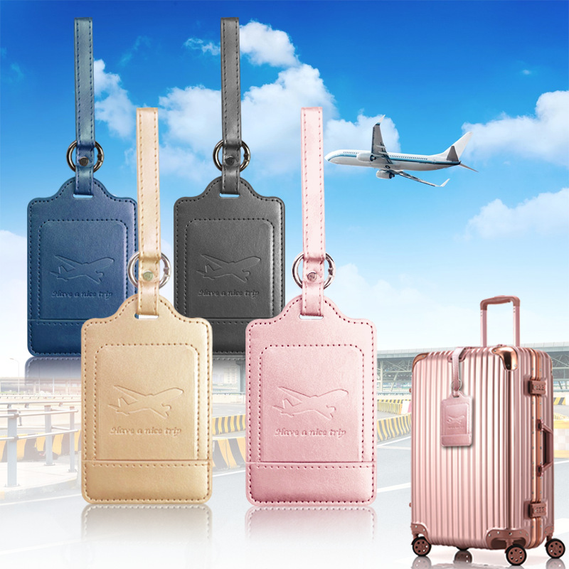 现货跨境luggage tag批发圆环加长挂绳带子金属固定pu皮质行李牌