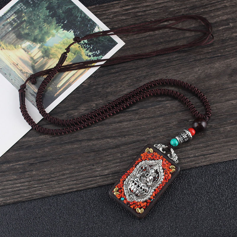 Live Streaming Ethnic Style Nepal Thangka Blackwood Pendant Exotic Style Amulet God of Wealth Lucky Pendant Vintage Accessories