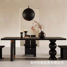 侘寂风实木餐桌复古艺术白蜡木桌设计师造型半圆餐桌家用靠墙岛台