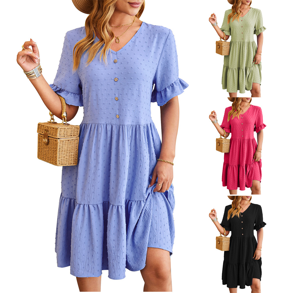 Cross-Border European and American Women's Clothing 2024 Amazon Spring/Summer New V-neck Jacquard Waist-Tight Five-Quarter Sleeve Pleated Dress